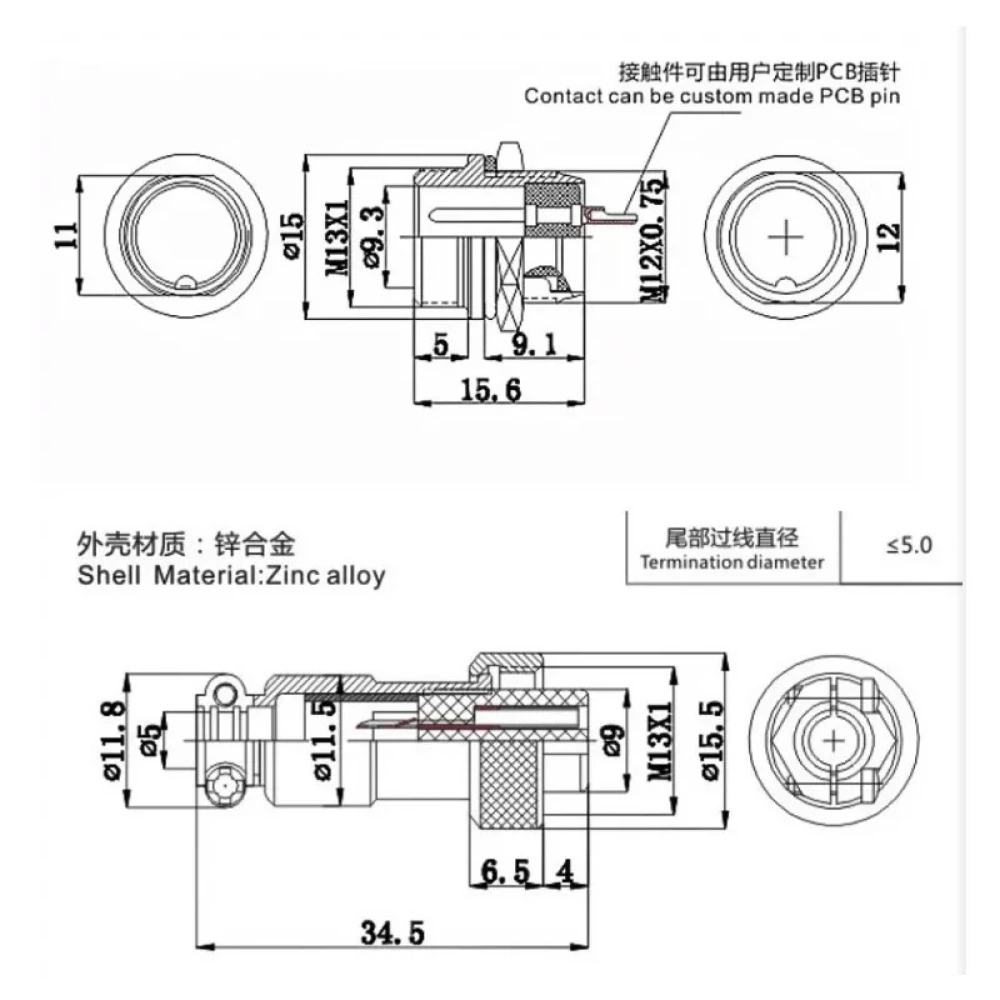 GX12-3Pins conexión de señal al enchufe de aviación enchufe M12