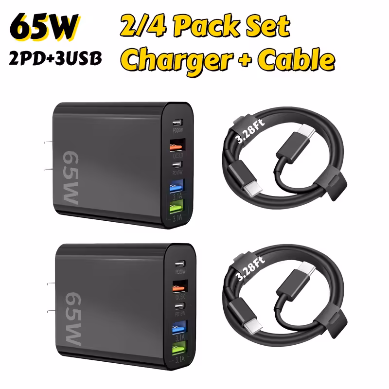 Cargador Rápido USB-C 65W, Cargador de Pared USB-C de 5 Puertos con Puertos Dual PD