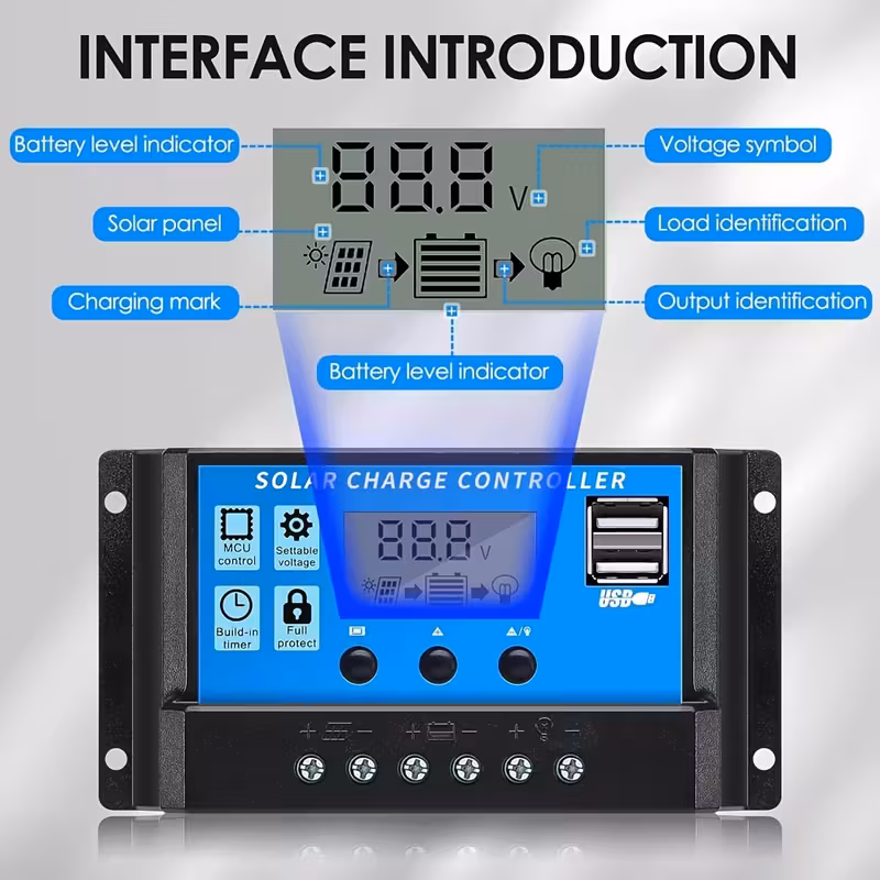 Controlador de Carga Solar PWM Regulador de Panel Solar con Pantalla LCD Ajustable, Puerto USB Dual, Configuración de Temporizador, PWM 12V/24V, Parámetro Automático