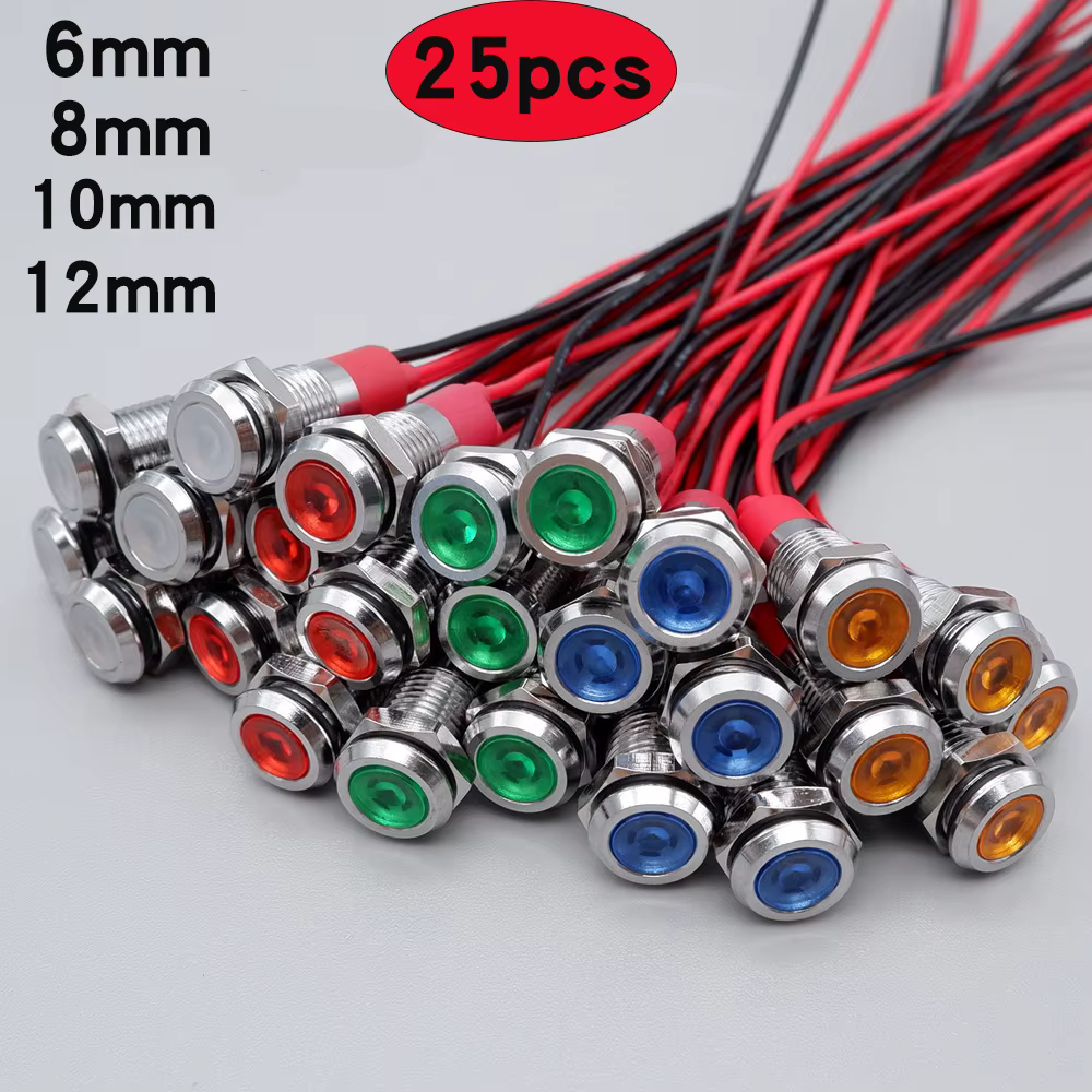 luz piloto LED metálicos de 6 mm, luz indicadora de advertencia, lámpara de señalización, 12V 24V, rojo, naranja, verde, azul, blanco, con cable.
